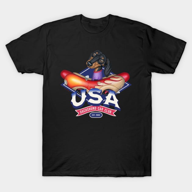 Doxie red white and blue USA Dachshund fun Car Club classic T-Shirt by Danny Gordon Art